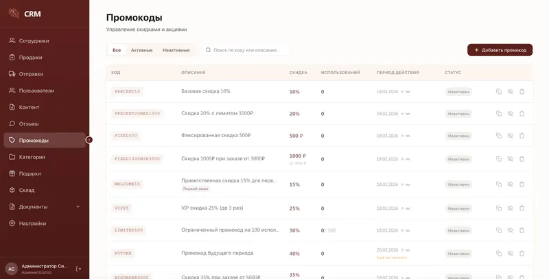 CRM для магазина растений: Промокоды